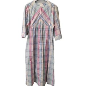 Vtg Talbots Intimates Pastel Plaid Cotton House Dress Women Small 1980s‎ Pockets